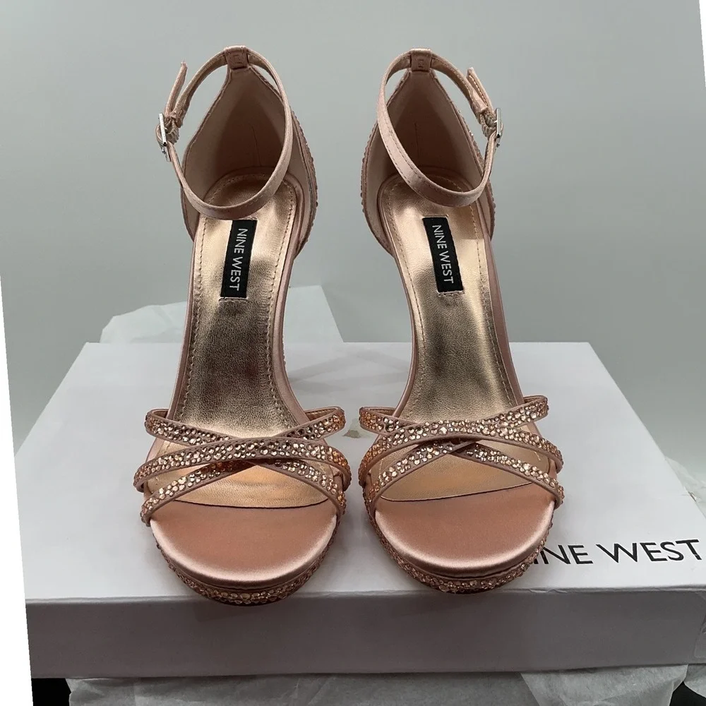 Nine West Rose Gold Satin Rhinestone Platform Ankle Strap Heels Womens 6M